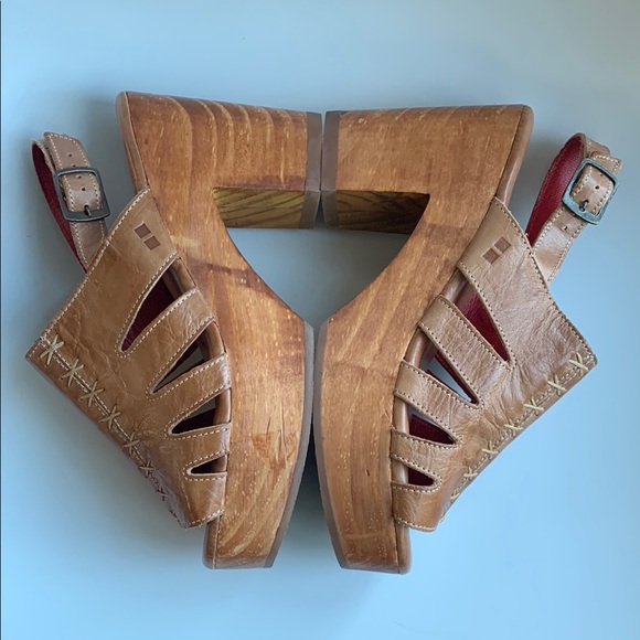 New Free People Bed Stu Tan Leather Platform Sandals Slingback Heels Clogs Sz 8 - Picture 5 of 11